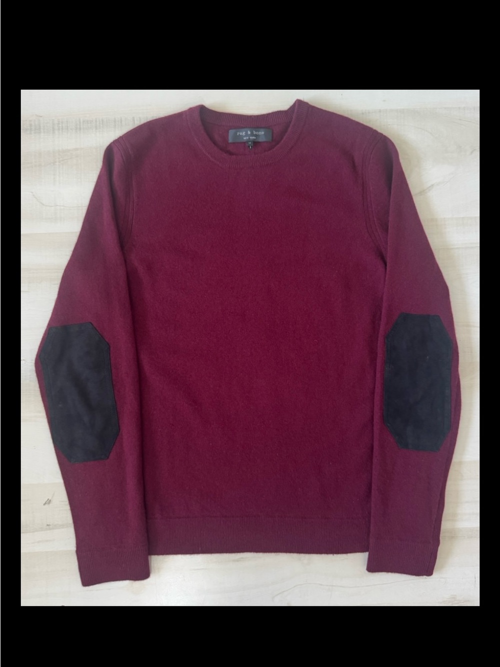 Rag & Bone Wool Sweater Leather Elbow Patches Crewneck Mens Medium Burgundy